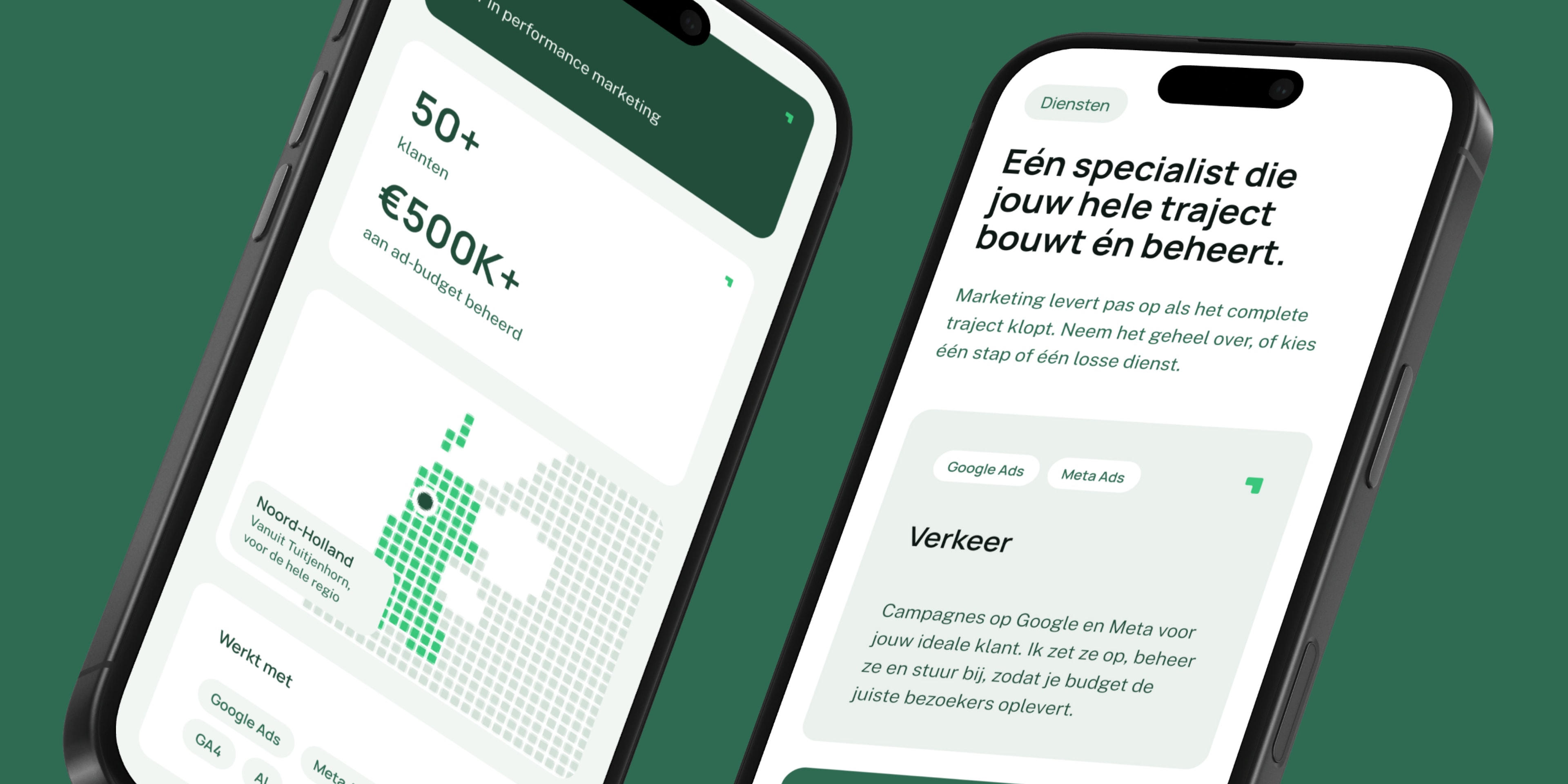 De Dagro Digital website op twee smartphones: cijfers met kaart van Noord-Holland en het dienstenoverzicht