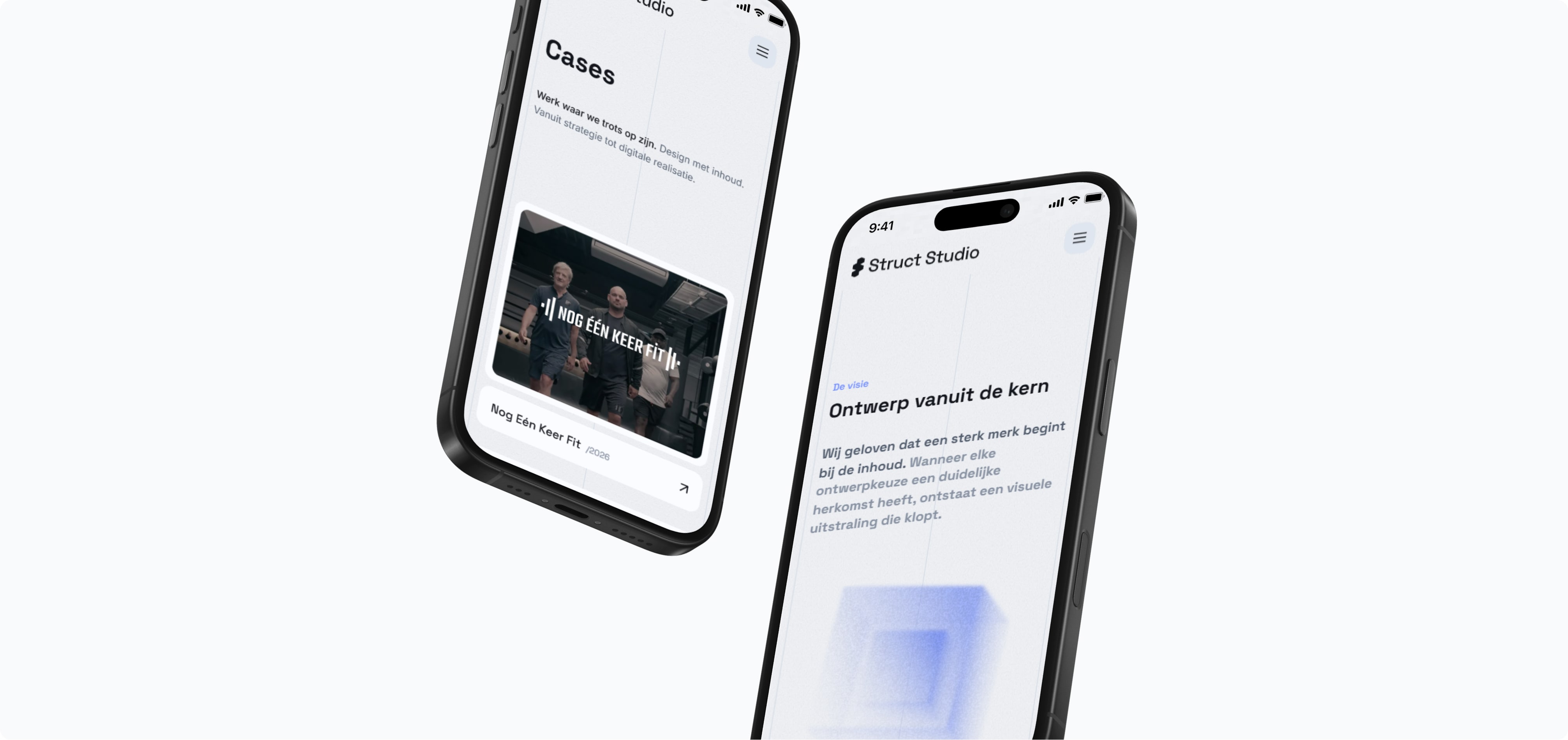 De Cases-pagina en de 'Ontwerp vanuit de kern'-sectie van Struct Studio getoond op twee smartphones