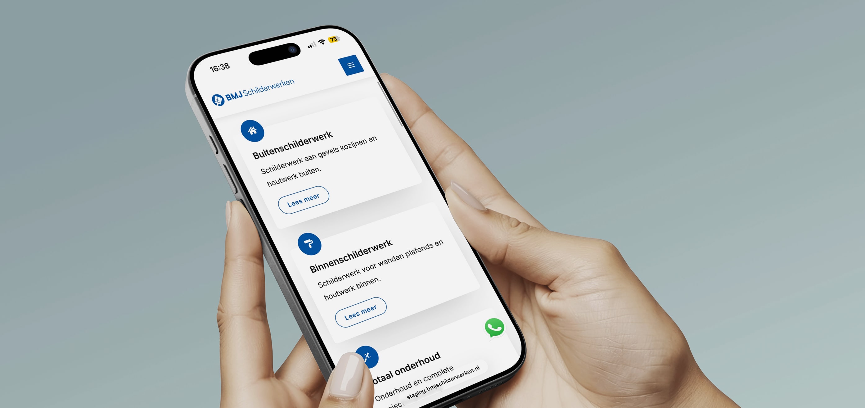 De nieuwe website van BMJ Schilderwerken getoond op een smartphone