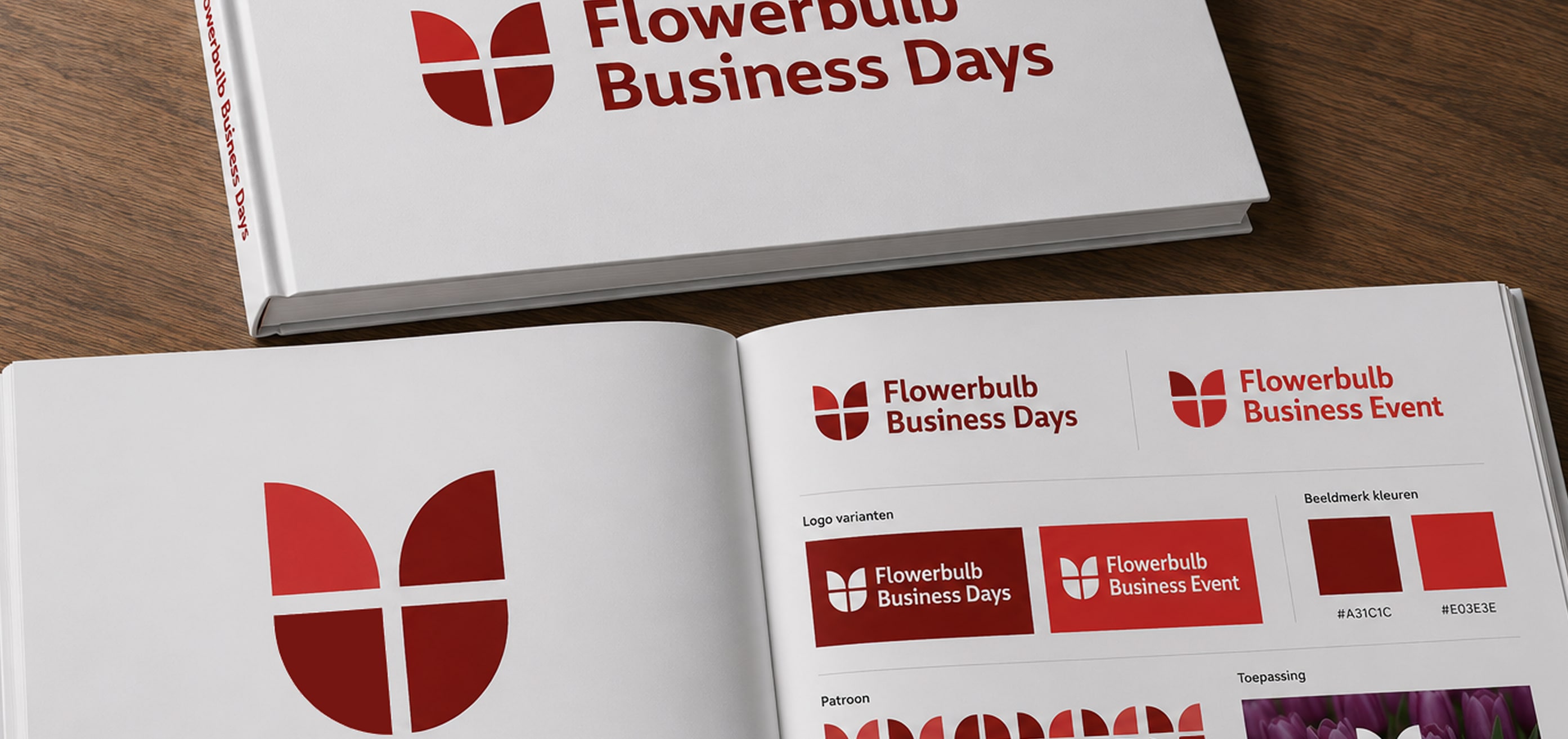 Huisstijlhandboek van Flowerbulb Business Days met de logovarianten en merkkleuren