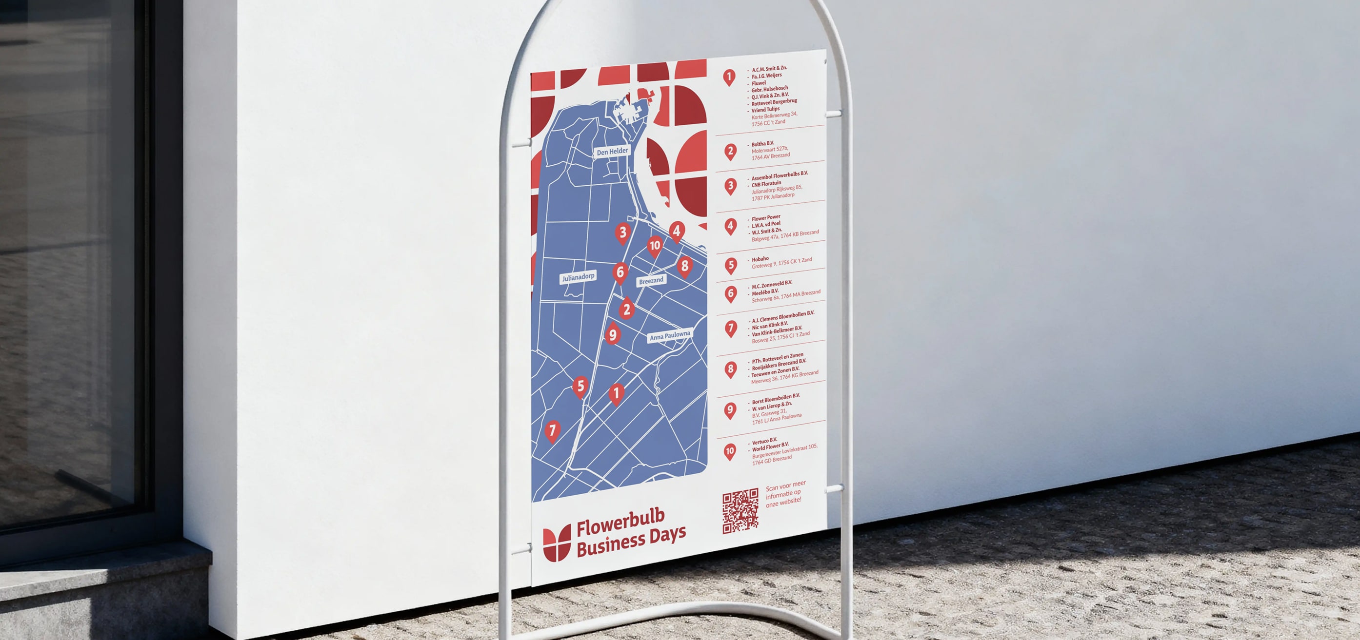 Informatiebord met plattegrond van deelnemende bedrijven bij Flowerbulb Business Days