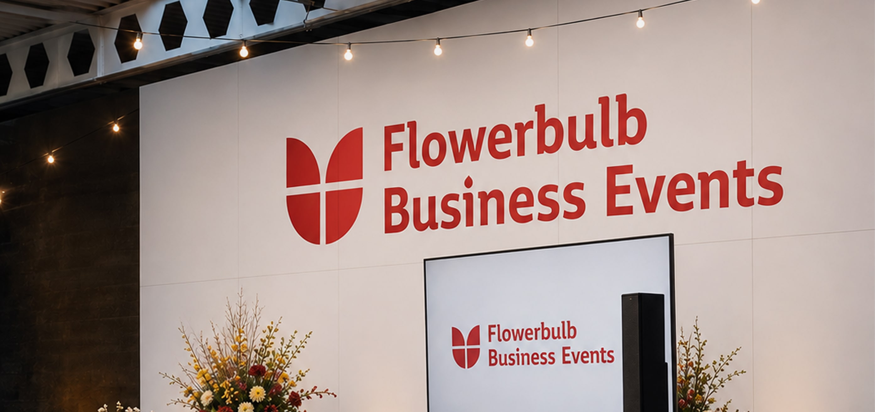 Verlicht podium met het 'Flowerbulb Business Events'-logo tijdens het avondevenement