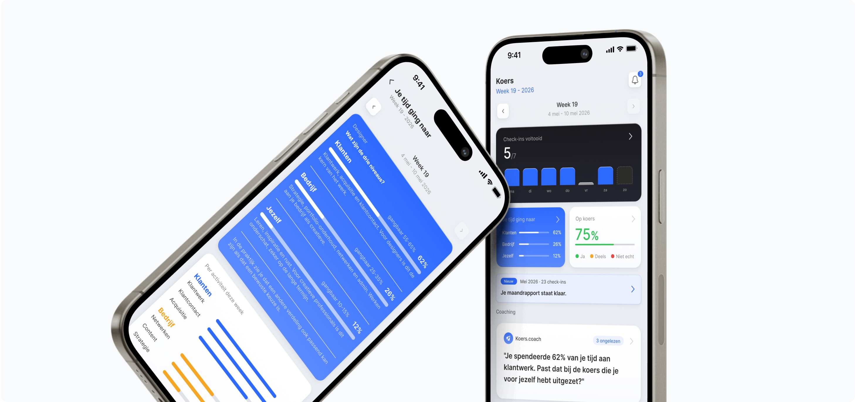 Twee smartphones met het dagelijkse reflectie-dashboard en tijdsbesteding-overzicht van de Koers-app