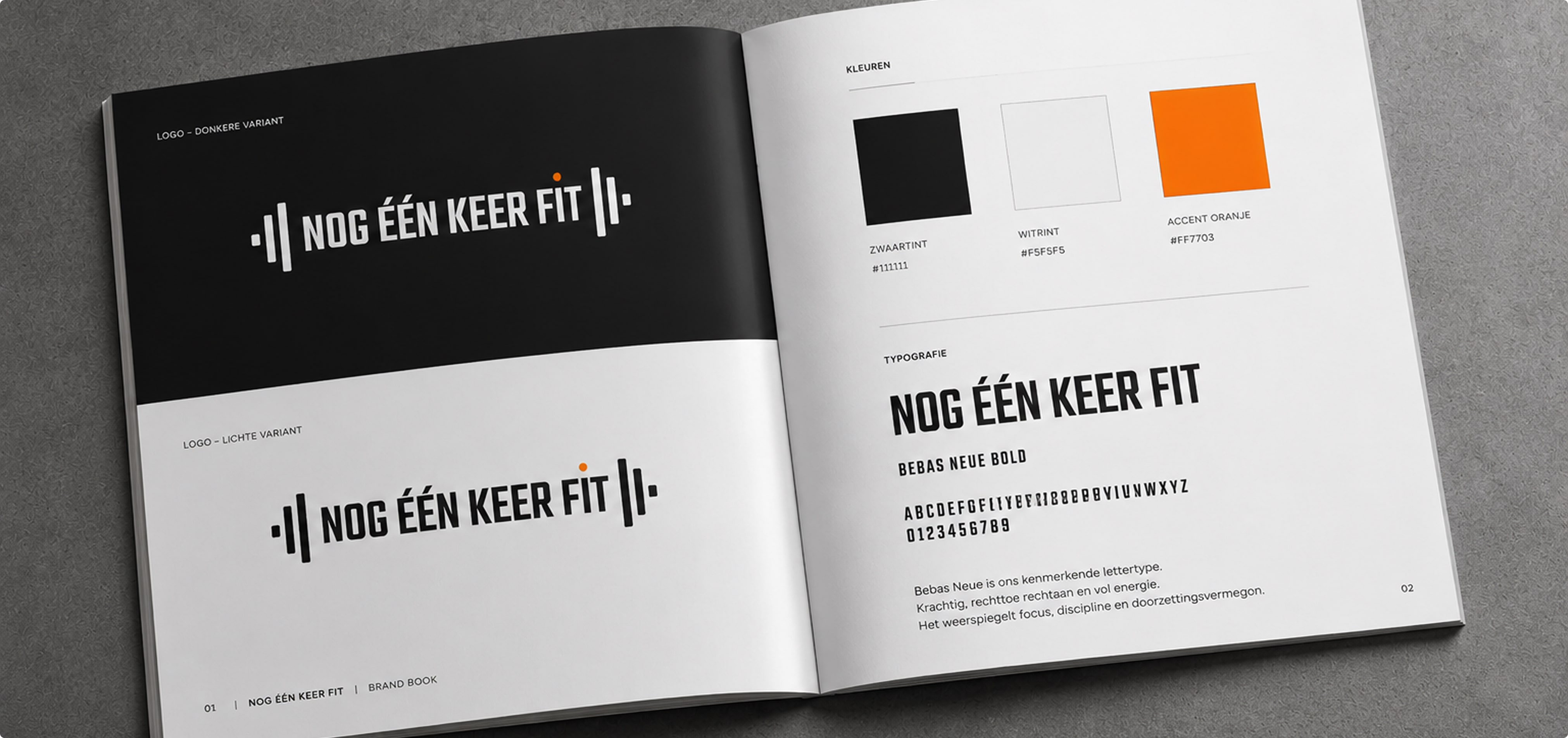 Brandbook van Nog Eén Keer Fit met de logovarianten, kleuren en typografie