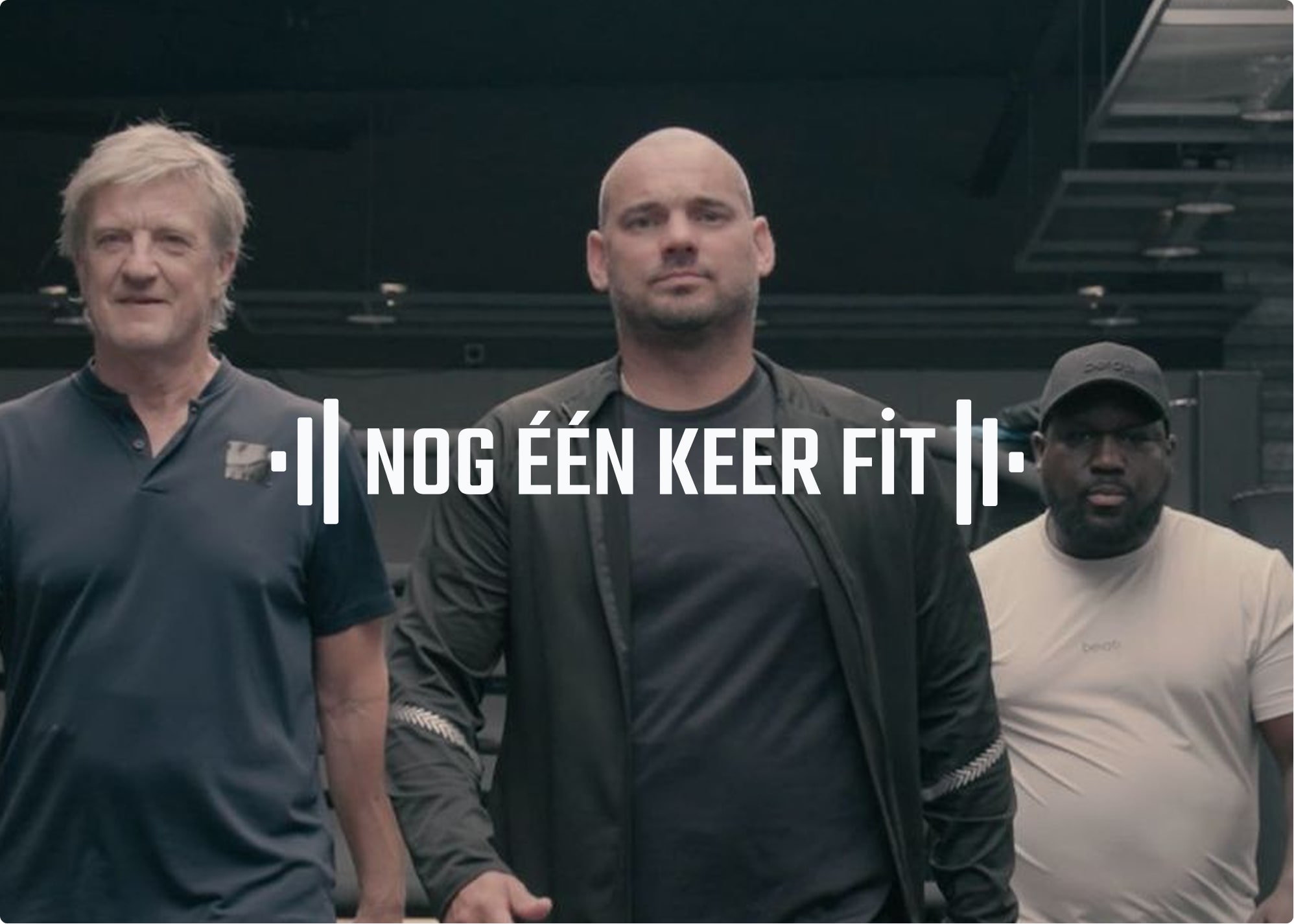 Wesley Sneijder, Wim Kieft en Royston Drenthe met het logo van Nog Eén Keer Fit